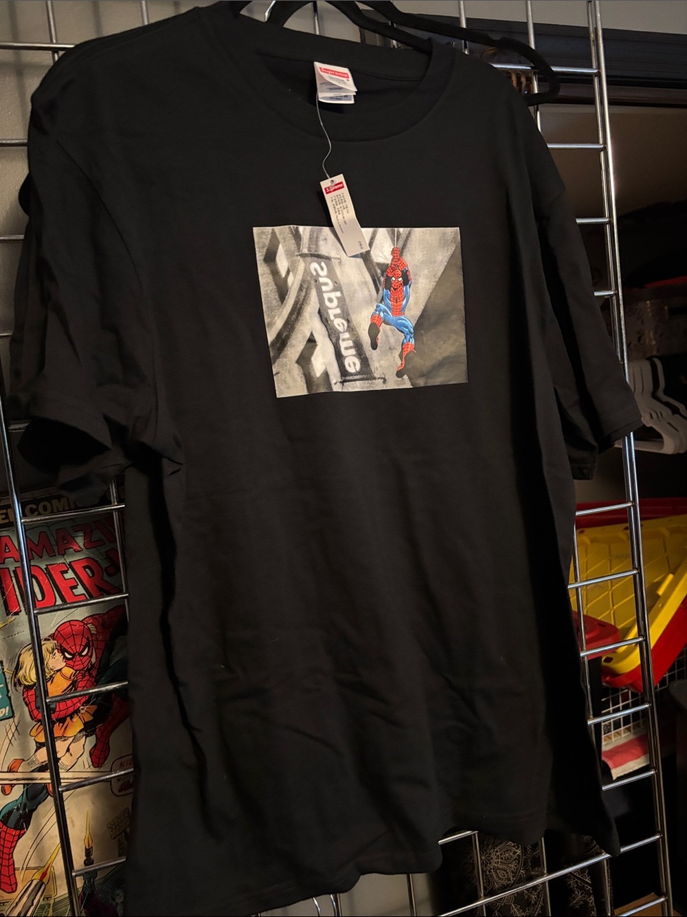 Supreme Black Spider-Man Box Logo Tee with Red & Blue Graphic